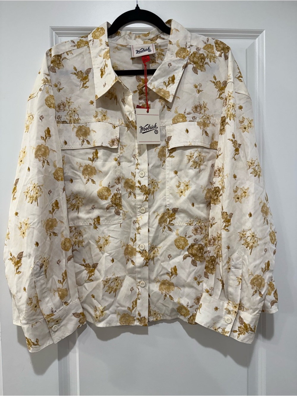 Woolrich Cream Button-Down Shirt with Gold Floral Print NWT
